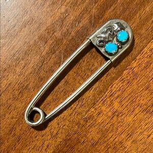 Silver Safety Pin Brooch with Turquoise Accents